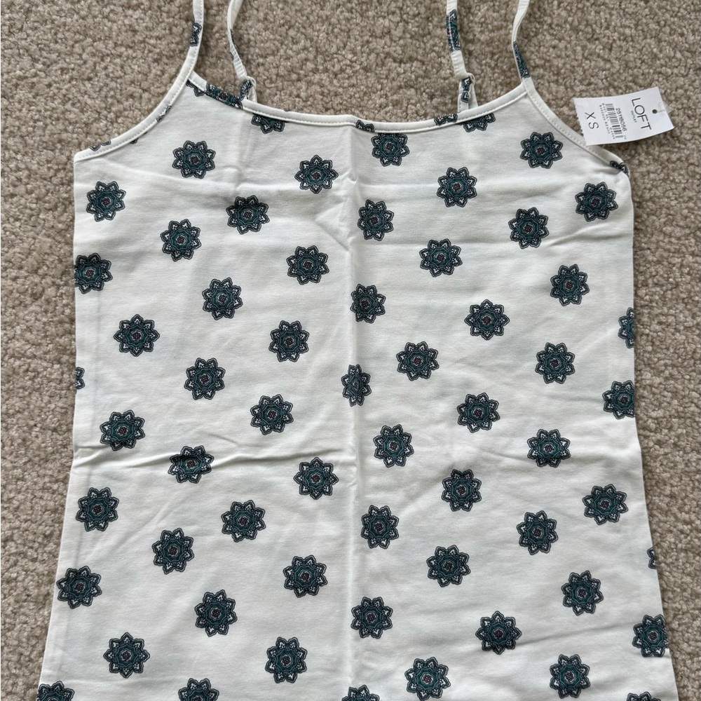 LOFT White Spaghetti-Strap Camisole with Teal Floral Medallions